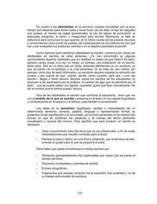 210
En cuanto a las debilidades en la escritura, puedes vincularlas con el poco
tiempo que dispones para tomar notas y hacer buen uso de ellas, el tipo de caligrafía
que posees, el manejo de reglas gramaticales, el uso de signos de puntuación, la
adecuada ortografía, el temor e inseguridad para escribir libremente, la falta de
estructura para comunicar lo que quieres, el no darse cuenta de los propios recursos
y conocimientos como punto de partida, las imprecisiones en los criterios los con que
van a ser evaluados tus productos escritos o en el objetivo planteado al escribir.
Como ejercicio para identificar debilidades al escribir, comienza por ubicar las
debilidades en escritos de otras personas. ¿Te has encontrado en algunas
oportunidades leyendo materiales que en realidad no sabes de qué tratan? Es decir,
parecen varias cosas a la vez: un relato, un consejo, una explicación de un asunto,
entre otros. Ése es un texto que sin duda, presenta deficiencias en su escritura, ya
que se pierde de la tipología a la cual pertenece. Si se trata de una noticia, por
ejemplo, como tipo de texto informativo, su escritura requiere respetar la narración del
suceso y dar cuenta de qué, cuándo, dónde, cómo sucedió, para que —una vez
escrita— llegue a tener textura. Muchas veces los escritos de los estudiantes no
alcanzan a ser apreciados por el profesor, al carecer de algo que se percibiría por el
tacto… que se puede palpar con agrado, suavidad, gusto que fluye naturalmente. De
ahí el nombre que le hemos puesto: textura.
Otra de las debilidades al escribir que confronta el estudiante, tiene que ver
con el sentido de lo que se escribe y presenta en el texto, en sus signos lingüísticos
y combinaciones en el espacio y el tiempo, para facilitar la comprensión.
Las fallas en la semántica (significado, sentido o interpretación de un
determinado elemento, símbolo, palabra, lenguaje o representación formal) se
presentan al dar significación a lo enunciado, por errores generados en la sintaxis (las
formas en que se combinan las palabras) y el manejo del léxico pertinente
(vocabulario y riqueza del mismo). Esto significa que para producir un escrito es
necesario:
• Tener conocimiento claro del tema que se va a desarrollar, a fin de evitar
interpretaciones que resulten confusas para el lector
• Plantear la idea o hecho, en una forma coherente, que al terminar de leer,
al lector le quede claro lo que se proponía el autor.
Otras fallas que suelen encontrarse en textos escritos son:
• Oraciones gramaticalmente mal organizadas que hacen que se pierda el
sentido del texto,
• Oraciones incompletas y carentes de sentido,
• Errores ortográficos,
• Fragmentos que parecen producto de la expresión oral (oralidad) y no de
un trabajo estructurado de escritura.
 