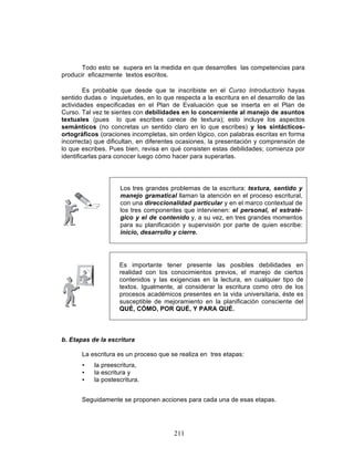 211
Todo esto se supera en la medida en que desarrolles las competencias para
producir eficazmente textos escritos.
Es probable que desde que te inscribiste en el Curso Introductorio hayas
sentido dudas o inquietudes, en lo que respecta a la escritura en el desarrollo de las
actividades especificadas en el Plan de Evaluación que se inserta en el Plan de
Curso. Tal vez te sientes con debilidades en lo concerniente al manejo de asuntos
textuales (pues lo que escribes carece de textura); esto incluye los aspectos
semánticos (no concretas un sentido claro en lo que escribes) y los sintácticos-
ortográficos (oraciones incompletas, sin orden lógico, con palabras escritas en forma
incorrecta) que dificultan, en diferentes ocasiones, la presentación y comprensión de
lo que escribes. Pues bien, revisa en qué consisten estas debilidades; comienza por
identificarlas para conocer luego cómo hacer para superarlas.
b. Etapas de la escritura
La escritura es un proceso que se realiza en tres etapas:
• la preescritura,
• la escritura y
• la postescritura.
Seguidamente se proponen acciones para cada una de esas etapas.
Los tres grandes problemas de la escritura: textura, sentido y
manejo gramatical llaman la atención en el proceso escritural,
con una direccionalidad particular y en el marco contextual de
los tres componentes que intervienen: el personal, el estraté-
gico y el de contenido y, a su vez, en tres grandes momentos
para su planificación y supervisión por parte de quien escribe:
inicio, desarrollo y cierre.
Es importante tener presente las posibles debilidades en
realidad con los conocimientos previos, el manejo de ciertos
contenidos y las exigencias en la lectura, en cualquier tipo de
textos. Igualmente, al considerar la escritura como otro de los
procesos académicos presentes en la vida universitaria, éste es
susceptible de mejoramiento en la planificación consciente del
QUÉ, CÓMO, POR QUÉ, Y PARA QUÉ.
 