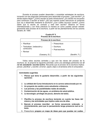 232
Durante el proceso pueden desarrollar y consolidar estrategias de escritura.
Iniciando con las preguntas pertinentes para desarrollar el proceso: ¿qué escribir? ¿A
dónde espero llegar? ¿Cómo escribir la parte introductoria? ¿En dónde me encuentro
para comenzar a escribir el texto? ¿De qué manera puedo estructurar el contenido
que voy a desarrollar mediante la escritura? ¿Con cuáles recursos cuento? ¿Cómo
sabré que lo escrito es correcto y está bien escrito? Observa en forma
interrelacionada y con fines prácticos la manera en como puedes pensar estraté-
gicamente este proceso de la escritura, a partir de los planteamientos de los autores
Serafini, M. 1994:
Cuadro N° 5
Proceso de la escritura
Proceso de la escritura
• Planificar
• Textualizar (redacción y
corrección)
• Revisar
(Cassany, D.)
• Preescritura
• Escritura
• Post-escritura
(Serafini, T.)
Vistos estos asuntos centrales y que son las claves del proceso de la
escritura, se te propone la siguiente actividad, como una estrategia pertinente con el
rol de estudiante -escritor-activo. Recuerda que el proceso de la escritura implica:
pensar, planificar y escribir, al tomar papel y lápiz o al sentarse ante el computador.
Actividades sugeridas
1. Piensa qué tema te gustaría desarrollar, a partir de las siguientes
opciones:
2. La utilidad del Curso Introductorio en la carrera seleccionada por mi.
3. Un proyecto de cambio como estudiante a distancia.
4. Los jóvenes y las posibilidades reales de estudio.
5. Contaminación de las aguas, un problema de salud pública.
6. La tecnología: privilegio de pocos, derecho de todos.
7. Planifica tu proceso de escritura teniendo en cuenta las fases del
mismo y las actividades que implica cada una de ellas.
8. Ejecuta el proceso (escribe) en forma secuencial, ordenada y
concientemente, para que tu pensamiento tenga presencia real en tu
texto.
9. Preescritura: prepara un mapa de ideas para que puedas ver cuáles
 