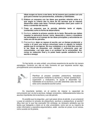 233
ideas surgen en torno a ese tema, de tal manera que cuentes con una
guía para orientar tus pensamientos, actitudes y habilidades.
10. Elabora un esquema con las ideas que guardan relación entre sí y
que según tu criterio dan la clave de los asuntos que te interesa
desarrollar sobre este tema. Formula preguntas clave para cubrir el
tema o contenido del escrito.
11. Traza un esquema que te permita delimitar tanto el objeto,
(contenido) como la forma de desarrollarlo.
12. Escritura: redacta la primera versión de tu texto. Recuerda que debes
respetar la estructura formal: inicio, desarrollo y cierre y considerar
las estrategias en el manejo de las ideas principales y secundarias en
cada uno de los párrafos.
13. Post-escritura: dejar en reposo el escrito, por un tiempo prudencial, y
vuelve a él para una lectura minuciosa como si alguien te hubiera
pedido que lo corrigieras. Sé muy cuidadoso y ve si está bien escrito,
si las ideas se presentan con claridad y coherencia para ser
comunicadas —en este caso a un profesor de la universidad. Así,
revisa su redacción final y lo pules hasta quedar satisfecho de tu
escrito o ensayo
Ya has tenido, en esta unidad, una primera experiencia de escritor de manera
estratégica. Continúa con ella en todo momento en que requieras escribir algo,
principalmente como estudiante universitario.
Es importante también, en el camino de mejorar tu capacidad de
comunicación por vía de la escritura, trabajar consciente y deliberadamente todos los
asuntos importantes de la escritura y uso del párrafo.
Es posible que te preguntes: ¿por qué pasar ahora al párrafo, si ya comprendí
y puse en práctica mi proceso de preescritura, escritura y postescritura, al escribir?
¡Muy bien por lo que has avanzado! Sin embargo, es necesario señalarte que los
textos que trabajarás a diario en la vida universitaria, como son en su mayoría de
orden informativo y expositivo-argumentativo, están escritos en prosa; no en versos,
como sucede con la poesía.
Planificar el proceso completo: preescritura, textualizar
(comunicación mediante la escritura) y revisar (postescritura,
supervisión y evaluación), te ayuda a desarrollar tus
habilidades en la escritura y con ello obtendrás cada vez más
éxito como estudiante-escritor-activo.
 