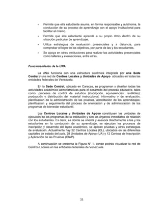 33
• Permite que el/a estudiante asuma, en forma responsable y autónoma, la
conducción de su proceso de aprendizaje con el apoyo institucional para
facilitar el mismo.
• Permite que el/a estudiante aprenda a su propio ritmo dentro de su
situación particular de aprendizaje.
• Utiliza estrategias de evaluación presenciales y a distancia, para
comprobar el logro de los objetivos, por parte de las y los estudiantes.
• Se apoya en otras instituciones para realizar las actividades presenciales
como talleres y evaluaciones, entre otras.
Funcionamiento de la UNA
La UNA funciona con una estructura sistémica integrada por una Sede
Central y una red de Centros Locales y Unidades de Apoyo ubicadas en todas las
entidades federales de Venezuela.
En la Sede Central, ubicada en Caracas, se programan y diseñan todas las
actividades académico-administrativas para el desarrollo del proceso educativo, tales
como: procesos de control de estudios (inscripción, equivalencias, reválidas);
producción y distribución del material instruccional, informativo y de evaluación;
planificación de la administración de las pruebas, acreditación de los aprendizajes;
planificación y seguimiento del proceso de orientación y de administración de los
programas de bienestar estudiantil.
Los Centros Locales y Unidades de Apoyo constituyen las unidades de
ejecución de los programas de la institución y son los órganos inmediatos de relación
con los estudiantes. Es decir, es donde se orienta y asesora directamente a las y los
estudiantes en la conducción de su aprendizaje, se ejecutan los procesos de
inscripción y desarrollo del lapso académico, se aplican pruebas y otras estrategias
de evaluación. Actualmente hay 22 Centros Locales (CL), ubicados en las diferentes
capitales de estado del país, 28 Unidades de Apoyo (UA) y 12 Centros de Inscripción
y Aplicación de las Pruebas (CIAP).
A continuación se presenta la Figura N° 1, donde podrás visualizar la red de
Centros Locales en las entidades federales de Venezuela.
 