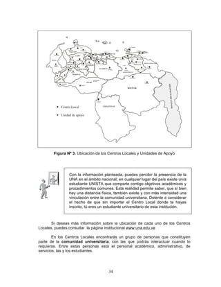34
Figura Nº 3. Ubicación de los Centros Locales y Unidades de Apoyo
Si deseas más información sobre la ubicación de cada uno de los Centros
Locales, puedes consultar la página institucional www.una.edu.ve
En los Centros Locales encontrarás un grupo de personas que constituyen
parte de la comunidad universitaria, con las que podrás interactuar cuando lo
requieras. Entre estas personas está el personal académico, administrativo, de
servicios, las y los estudiantes.
Con la información planteada, puedes percibir la presencia de la
UNA en el ámbito nacional; en cualquier lugar del país existe un/a
estudiante UNISTA que comparte contigo objetivos académicos y
procedimientos comunes. Esta realidad permite saber, que si bien
hay una distancia física, también existe y con más intensidad una
vinculación entre la comunidad universitaria. Detente a considerar
el hecho de que sin importar el Centro Local donde te hayas
inscrito, tú eres un estudiante universitario de esta institución.
AMAZONAS
 