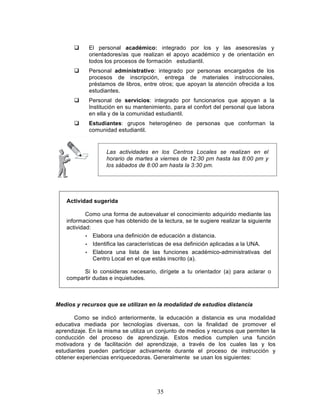 35
q El personal académico: integrado por los y las asesores/as y
orientadores/as que realizan el apoyo académico y de orientación en
todos los procesos de formación estudiantil.
q Personal administrativo: integrado por personas encargados de los
procesos de inscripción, entrega de materiales instruccionales,
préstamos de libros, entre otros; que apoyan la atención ofrecida a los
estudiantes.
q Personal de servicios: integrado por funcionarios que apoyan a la
Institución en su mantenimiento, para el confort del personal que labora
en ella y de la comunidad estudiantil.
q Estudiantes: grupos heterogéneo de personas que conforman la
comunidad estudiantil.
Actividad sugerida
Como una forma de autoevaluar el conocimiento adquirido mediante las
informaciones que has obtenido de la lectura, se te sugiere realizar la siguiente
actividad:
• Elabora una definición de educación a distancia.
• Identifica las características de esa definición aplicadas a la UNA.
• Elabora una lista de las funciones académico-administrativas del
Centro Local en el que estás inscrito (a).
Si lo consideras necesario, dirígete a tu orientador (a) para aclarar o
compartir dudas e inquietudes.
Medios y recursos que se utilizan en la modalidad de estudios distancia
Como se indicó anteriormente, la educación a distancia es una modalidad
educativa mediada por tecnologías diversas, con la finalidad de promover el
aprendizaje. En la misma se utiliza un conjunto de medios y recursos que permiten la
conducción del proceso de aprendizaje. Estos medios cumplen una función
motivadora y de facilitación del aprendizaje, a través de los cuales las y los
estudiantes pueden participar activamente durante el proceso de instrucción y
obtener experiencias enriquecedoras. Generalmente se usan los siguientes:
Las actividades en los Centros Locales se realizan en el
horario de martes a viernes de 12:30 pm hasta las 8:00 pm y
los sábados de 8:00 am hasta la 3:30 pm.
 