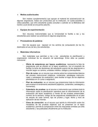 37
Ø Medios audiovisuales
Son medios complementarios que apoyan el material de autoinstrucción de
algunas asignaturas. Estos son producidos por la institución, en audio-cassettes o
video-cassettes, que el//a estudiante puede consultar o solicitar en la Biblioteca del
Centro Local donde se encuentra adscrito.
Ø Equipos de experimentación
Son recursos instrumentales que la Universidad le facilita a las y los
estudiantes para realizar sus prácticas en algunas asignaturas.
Ø Procesadores de palabras
Son los equipos que reposan en los centros de computación de los CL
destinados al uso de las y los estudiantes.
Ø Materiales informativos
Son materiales que permiten a las y los estudiantes la planificación y
organización individual de su situación de aprendizaje. Entre ellos se pueden
mencionar:
- Oferta de asignaturas por lapsos académicos: representa la lista de
asignaturas que se ofrecen en el lapso académico, con el propósito de
facilitar la toma de decisiones del estudiante acerca de las asignaturas a
inscribir según su carrera, unidades créditos, códigos y prerrequisitos.
- Plan de curso: es un recurso que orienta sobre los componentes básicos
del proceso instruccional (objetivos, contenidos, estrategias instruccio-
nales y estrategias de evaluación), para facilitar el logro de los objetivos
planteados en un curso o asignatura.
- Plan de evaluación: es un recurso que proporciona toda la información
para evaluar el rendimiento estudiantil (objetivos, contenidos, estrategias y
momentos).
- Calendario de pruebas: es el recurso o instrumento que contiene toda la
información sobre la planificación operativa para la administración de la
evaluación del lapso académico a través de las pruebas presenciales:
número de la semana, código de las asignaturas establecidas en el plan
de estudio de cada carrera, tipo de prueba y lugar, fecha y hora de
aplicación de las mismas.
- Clave de corrección: es el recurso que aporta la información sobre los
resultados de las pruebas objetivas que se presentan en el lapso
académico; permite la comparación entre las respuestas emitidas por el/la
estudiante y las publicadas oficialmente por la Institución.
 