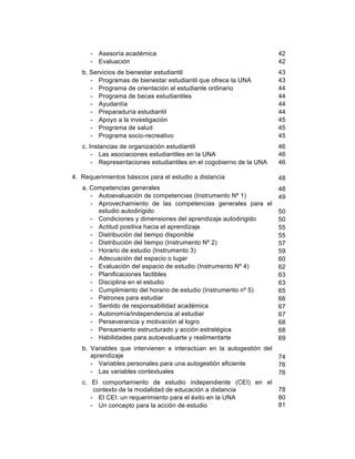 8
- Asesoría académica
- Evaluación
b. Servicios de bienestar estudiantil
- Programas de bienestar estudiantil que ofrece la UNA
- Programa de orientación al estudiante ordinario
- Programa de becas estudiantiles
- Ayudantía
- Preparaduría estudiantil
- Apoyo a la investigación
- Programa de salud
- Programa socio-recreativo
c. Instancias de organización estudiantil
- Las asociaciones estudiantiles en la UNA
- Representaciones estudiantiles en el cogobierno de la UNA
4. Requerimientos básicos para el estudio a distancia
a. Competencias generales
- Autoevaluación de competencias (Instrumento Nº 1)
- Aprovechamiento de las competencias generales para el
estudio autodirigido
- Condiciones y dimensiones del aprendizaje autodirigido
- Actitud positiva hacia el aprendizaje
- Distribución del tiempo disponible
- Distribución del tiempo (Instrumento Nº 2)
- Horario de estudio (Instrumento 3)
- Adecuación del espacio o lugar
- Evaluación del espacio de estudio (Instrumento Nº 4)
- Planificaciones factibles
- Disciplina en el estudio
- Cumplimiento del horario de estudio (Instrumento nº 5)
- Patrones para estudiar
- Sentido de responsabilidad académica
- Autonomía/independencia al estudiar
- Perseverancia y motivación al logro
- Pensamiento estructurado y acción estratégica
- Habilidades para autoevaluarte y realimentarte
b. Variables que intervienen e interactúan en la autogestión del
aprendizaje
- Variables personales para una autogestión eficiente
- Las variables contextuales
c. El comportamiento de estudio independiente (CEI) en el
contexto de la modalidad de educación a distancia
- El CEI: un requerimiento para el éxito en la UNA
- Un concepto para la acción de estudio
42
42
43
43
44
44
44
44
45
45
45
46
46
46
48
48
49
50
50
55
55
57
59
60
62
63
63
65
66
67
67
68
68
69
74
76
76
78
80
81
 