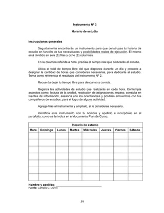 59
Instrumento Nº 3
Horario de estudio
Instrucciones generales
Seguidamente encontrarás un instrumento para que construyas tu horario de
estudio en función de tus necesidades y posibilidades reales de ejecución. El mismo
está dividido en seis (6) filas y ocho (8) columnas
En la columna referida a hora, precisa el tiempo real que dedicarás al estudio.
Ubica el total de tiempo libre del que dispones durante un día y procede a
designar la cantidad de horas que consideras necesarias, para dedicarte al estudio.
Toma como referencia el resultado del instrumento Nº 2.
Recuerda dejar tu tiempo libre para descanso y comida.
Registra las actividades de estudio que realizarás en cada hora. Contempla
aspectos como: lectura de la unidad, resolución de asignaciones, repaso, consulta en
fuentes de información, asesoría con los orientadores y posibles encuentros con tus
compañeros de estudios, para el logro de alguna actividad.
Agrega filas al instrumento y amplíalo, si lo consideras necesario.
Identifica este instrumento con tu nombre y apellido e incorpóralo en el
portafolio, como se te indica en el documento Plan de Curso.
Horario de estudio
Hora Domingo Lunes Martes Miércoles Jueves Viernes Sábado
Nombre y apellido: ____________________________
Fuente: Campos D. (2010)
 
