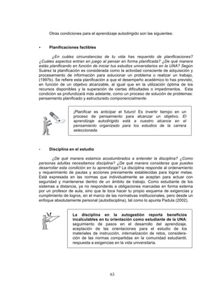 63
Otras condiciones para el aprendizaje autodirigido son las siguientes:
• Planificaciones factibles
¿En cuáles circunstancias de tu vida has requerido de planificaciones?
¿Cuáles aspectos entran en juego al pensar en forma planificada? ¿De qué manera
estás planificando en función de iniciar tus estudios universitarios en la UNA? Según
Suárez la planificación es considerada como la actividad consciente de adquisición y
procesamiento de información para solucionar un problema o realizar un trabajo,
(1997b). Se refiere esta planificación a que el desempeño académico lo has previsto,
en función de un objetivo alcanzable, al igual que en la utilización óptima de los
recursos disponibles y la superación de ciertas dificultades o impedimentos. Esta
condición se profundizará más adelante, como un proceso de solución de problemas:
pensamiento planificado y estructurado componencialmente.
• Disciplina en el estudio
¿De qué manera estamos acostumbrados a entender la disciplina? ¿Como
personas adultas necesitamos disciplina? ¿De qué manera consideras que puedes
desarrollar esta condición en tu aprendizaje? La disciplina responde al ordenamiento
y requerimiento de pautas y acciones previamente establecidas para lograr metas.
Está expresada en las normas que individualmente se aceptan para actuar con
seguridad y mantenerse dentro de un ámbito de trabajo. Como estudiante de los
sistemas a distancia, ya no responderás a obligaciones marcadas en forma externa
por un profesor de aula, sino que te toca hacer tu propio esquema de exigencias y
cumplimiento de logros, en el marco de las normativas institucionales, pero desde un
enfoque absolutamente personal (autodisciplina), tal como lo apunta Padula (2002).
La disciplina en la autogestión reporta beneficios
incalculables en tu orientación como estudiante de la UNA:
seguimiento de pasos en el desarrollo del aprendizaje,
aceptación de las orientaciones para el estudio de los
materiales de instrucción, internalización de retos, considera-
ción de las normas compartidas en la comunidad estudiantil,
respuesta a exigencias en la vida universitaria.
¡Planificar es anticipar el futuro! Es invertir tiempo en un
proceso de pensamiento para alcanzar un objetivo. El
aprendizaje autodirigido está a nuestro alcance en el
pensamiento organizado para los estudios de la carrera
seleccionada.
 