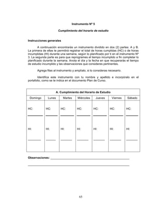 65
Instrumento Nº 5
Cumplimiento del horario de estudio
Instrucciones generales
A continuación encontrarás un instrumento dividido en dos (2) partes: A y B.
La primera de ellas te permitirá registrar el total de horas cumplidas (HC) o de horas
incumplidas (HI) durante una semana, según lo planificado por ti en el instrumento Nº
3. La segunda parte es para que reprogrames el tiempo incumplido a fin completar lo
planificado durante la semana. Anota el día y la fecha en que recuperarás el tiempo
de estudio incumplido y las observaciones que consideres pertinentes.
Agrega filas al instrumento y amplíalo, si lo consideras necesario.
Identifica este instrumento con tu nombre y apellido e incorpóralo en el
portafolio, como se te indica en el documento Plan de Curso.
A. Cumplimiento del Horario de Estudio
Domingo Lunes Martes Miércoles Jueves Viernes Sábado
HC:
HI:
________
HC:
HI:
______
HC:
HI:
_______
HC:
HI:
_______
HC:
HI:
_______
HC:
HI:
_______
HC:
HI:
_______
Observaciones: _________________________________________________
_______________________________________________________________
 
