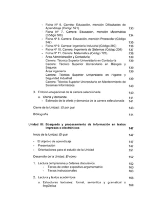 10
- Ficha Nº 6. Carrera: Educación, mención Dificultades de
Aprendizaje (Código 521)
- Ficha Nº 7. Carrera: Educación, mención Matemática
(Código 508)
- Ficha Nº 8. Carrera: Educación, mención Preescolar (Código
542)
- Ficha Nº 9. Carrera: Ingeniería Industrial (Código 280)
- Ficha Nº 10. Carrera: Ingeniería de Sistemas (Código 236)
- Ficha Nº 11. Carrera: Matemática (Código 126)
- Área Administración y Contaduría
Carrera: Técnico Superior Universitario en Contaduría
Carrera: Técnico Superior Universitario en Riesgos y
Seguros
Área Ingeniería
Carrera: Técnico Superior Universitario en Higiene y
Seguridad Industrial
Carrera: Técnico Superior Universitario en Mantenimiento de
Sistemas Informáticos
3. Entorno ocupacional de la carrera seleccionada
a. Oferta y demanda
- Estimado de la oferta y demanda de la carrera seleccionada
Cierre de la Unidad : El por qué
Bibliografía
Unidad III: Búsqueda y procesamiento de información en textos
impresos o electrónicos
Inicio de la Unidad: El qué
- El objetivo de aprendizaje
- Presentación
- Orientaciones para el estudio de la Unidad
Desarrollo de la Unidad: El cómo
1. Lectura comprensiva y órdenes discursivos
- Textos de orden expositivo-argumentativo
- Textos instruccionales
2. Lectura y textos académicos
a. Estructuras textuales: formal, semántica y gramatical o
lingüística
133
134
135
136
137
138
139
139
139
139
139
140
140
141
141
143
144
147
147
147
147
151
152
152
160
163
166
168
 