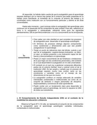 78
Al responder, te habrás dado cuenta de que la autogestión para el aprendizaje
requiere distinguir por lo menos tres partes de tu entorno que están presentes en tu
trabajo como estudiante: el inmediato de tu vivienda; el entorno del trabajo y tu
universidad como institución con un funcionamiento particular y distinto al de otras
universidades.
Hasta este momento, ¿qué conoces sobre la autogestión del aprendizaje para
continuar con el desarrollo de los contenidos de esta unidad? Para ello, reflexiona en
torno a tu autogestión y autoevalúate, utilizando como guía los siguientes
planteamientos. Ello te permitirá evidenciar o no si tu conocimiento se ha enriquecido.
Tu
conocimiento
• Creo saber con más claridad en qué consisten los procesos
de autogestión para desarrollar el aprendizaje autodirigido.
• En términos de procesos distingo algunos componentes
como condiciones y dimensiones para que sea posible
autogestionar mi aprendizaje.
• Tengo un punto de referencia claro del dónde, cuándo y por
qué de la autogestión: espacio-tiempo-motivación, es decir,
un aquí, un tiempo presente y una motivación capaz de dar
fuerza y direccionalidad a mi aprendizaje.
• Poseo un mejor conocimiento de las fortalezas o limitaciones
de lo que hago con las condiciones personales y del contexto
en el cual desarrollaré la autogestión en mi vida universitaria.
• El contexto en el cual voy a gestionar comprende diferentes
partes de mi entorno familiar, local y cultural como el de la
institución UNA. Es tan amplio y variado que mi proceso de
aprendizaje requiere mucho más control, tanto en las
condiciones y variables como en el manejo de las
dimensiones en las que me muevo.
• La autogestión conlleva un manejo adecuado de variables
individuales contextuales e institucionales así como de un
conjunto de atributos o rasgos personales de disciplina,
responsabilidad y conciencia de estar aprendiendo.
• Puedo contar con un fundamento claro para desarrollar la
autogestión para el aprendizaje, tal como lo requiere la UNA
de todos sus estudiantes.
c. El Comportamiento de Estudio Independiente (CEI) en el contexto de la
modalidad de educación a distancia
Observa la Figura Nº 5. En ella, se representa el conjunto de los componentes
de la autogestión para el aprendizaje autodirigido: variables individuales,
contextuales e institucionales
 