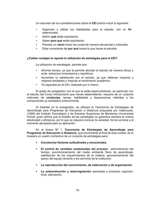83
Un resumen de tus consideraciones sobre el CEI podría incluir lo siguiente:
• Organizar y utilizar tus habilidades para el estudio, con un fin
determinado.
• Definir qué estás estudiando.
• Saber para qué estás estudiando.
• Precisar un cómo hacer las cosas de manera secuencial y ordenada.
• Estar consciente del por qué haces lo que haces al estudiar.
¿Cuáles ventajas te reporta la utilización de estrategias para el CEI?
La utilización de estrategias permite que:
• Ahorres tiempo, ya que te permite abordar el estudio de manera eficaz y
evita esfuerzos innecesarios y repetitivos.
• Aumentes tu satisfacción por el estudio, ya que obtienes mayores y
mejores resultados y mejoras el rendimiento académico
• Te capacites en el CEI, realizado por ti mismo.
El grado de autogestión con el que te estás desenvolviendo, en particular con
el estudio del Curso Introductorio que vienes desarrollando, requiere de un conjunto
ordenado de conductas, tareas, habilidades y disposiciones referidas a los
componentes ya señalados anteriormente.
Al tratarlas en la autogestión, se utilizará la Taxonomía de Estrategias de
Aprendizaje para Programas de Educación a Distancia propuesta por Valenzuela,
(1999) del Instituto Tecnológico y de Estudios Superiores de Monterrey Universidad
Virtual, quien afirma que el empleo de las estrategias no garantiza siempre la misma
efectividad y eficiencia, por lo que se requiere conocer la variedad, forma correcta y el
momento apropiado para su aplicación.
En el Anexo Nº 1, Taxonomía de Estrategias de Aprendizaje para
Programas de Educación a Distancia, que encontrarás al final de esta unidad, se te
muestra un cuadro contentivo de un conjunto de estrategias para:
§ Concienciar factores actitudinales y emocionales.
§ El control de variables contextuales del proceso: administración del
tiempo, acondicionamiento del medio ambiente físico de aprendizaje,
satisfacción de los requerimientos de la materia, aprovechamiento del
apoyo del equipo docente y los servicios de la institución.
§ La reproducción del conocimiento, de elaboración y de organización.
§ La autoevaluación y autorregulación asociadas a procesos cognosci-
tivos, planeación.
 