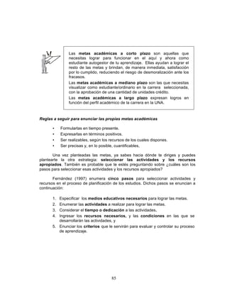 85
Reglas a seguir para enunciar las propias metas académicas
• Formularlas en tiempo presente.
• Expresarlas en términos positivos.
• Ser realizables, según los recursos de los cuales dispones.
• Ser precisas y, en lo posible, cuantificables,
Una vez planteadas las metas, ya sabes hacia dónde te diriges y puedes
plantearte la otra estrategia: seleccionar las actividades y los recursos
apropiados. También es probable que te estés preguntando sobre ¿cuáles son los
pasos para seleccionar esas actividades y los recursos apropiados?
Fernández (1997) enumera cinco pasos para seleccionar actividades y
recursos en el proceso de planificación de los estudios. Dichos pasos se enuncian a
continuación:
1. Especificar los medios educativos necesarios para lograr las metas.
2. Enumerar las actividades a realizar para lograr las metas.
3. Considerar el tiempo o dedicación a las actividades.
4. Ingresar los recursos necesarios, y las condiciones en las que se
desarrollarán las actividades, y
5. Enunciar los criterios que le servirán para evaluar y controlar su proceso
de aprendizaje.
Las metas académicas a corto plazo son aquellas que
necesitas lograr para funcionar en el aquí y ahora como
estudiante autogestor de tu aprendizaje. Ellas ayudan a lograr el
resto de las metas y brindan, de manera inmediata, satisfacción
por lo cumplido, reduciendo el riesgo de desmoralización ante los
fracasos.
Las metas académicas a mediano plazo son las que necesitas
visualizar como estudiante/ordinario en la carrera seleccionada,
con la aprobación de una cantidad de unidades crédito.
Las metas académicas a largo plazo expresan logros en
función del perfil académico de la carrera en la UNA.
 