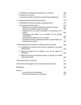 12
a. Fortalezas y debilidades asociadas con la escritura
b. Etapas de la escritura
c. Formas de abordar la escritura en situaciones académicas
2. Características generales del texto escrito
a. Delimitación del tema a través de preguntas clave
b. Estructuras del texto escrito
- Relación entre párrafo, textualidad y escritura en prosa
- Estructura del párrafo: externa e interna
- Importancia de las ideas principales y secundarias en el
párrafo
- Importancia del ensayo en el contexto de los estudios
universitarios
- Pautas para la elaboración de un ensayo
- Vinculación entre los órdenes expositivo y argumentativo y la
escritura de un ensayo
3. Desarrollo de la comunicación mediante la escritura eficaz
a. Habilidades de escritura para iniciar los estudios en la carrera
seleccionada
b. Aspectos formales de la escritura: uso de los signos de
puntuación
c. Relaciones entre la composición escrita, la redacción y el estilo
personal al escribir
Cierre de la Unidad: El por qué
Instrumento de estrategias de comunicación para la escritura
Bibliografía
Anexos:
- La escritura es una tecnología
- Marcadores discursivos y conectores
209
211
212
215
216
219
221
222
222
225
227
228
228
234
235
239
241
242
244
245
246
 