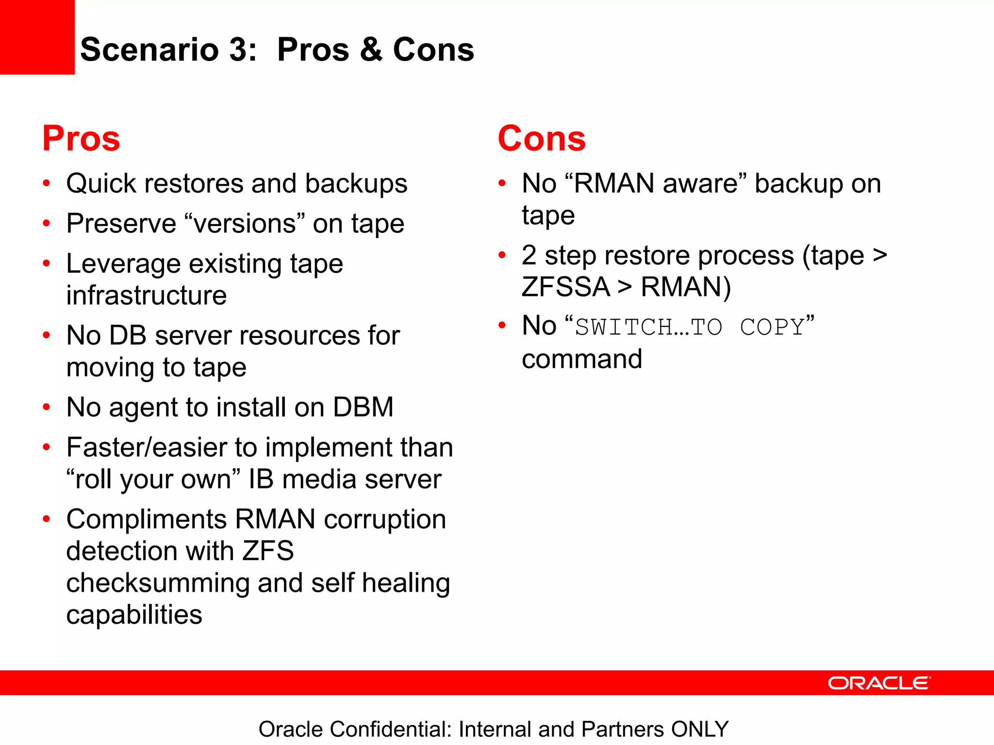 Oracle Confidential: Internal and Partners ONLY
Scenario 3: Pros & Cons
Pros
• Quick restores and backups
• Preserve “versions” on tape
• Leverage existing tape
infrastructure
• No DB server resources for
moving to tape
• No agent to install on DBM
• Faster/easier to implement than
“roll your own” IB media server
• Compliments RMAN corruption
detection with ZFS
checksumming and self healing
capabilities
Cons
• No “RMAN aware” backup on
tape
• 2 step restore process (tape >
ZFSSA > RMAN)
• No “SWITCH…TO COPY”
command
 