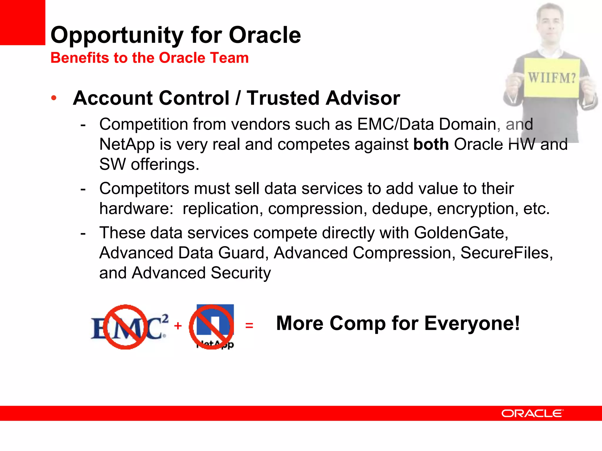 • Account Control / Trusted Advisor
- Competition from vendors such as EMC/Data Domain, and
NetApp is very real and competes against both Oracle HW and
SW offerings.
- Competitors must sell data services to add value to their
hardware: replication, compression, dedupe, encryption, etc.
- These data services compete directly with GoldenGate,
Advanced Data Guard, Advanced Compression, SecureFiles,
and Advanced Security
Opportunity for Oracle
Benefits to the Oracle Team
+ = More Comp for Everyone!
 