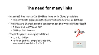 The need for many links
• Internet2 has mostly 2x 10 Gbps links with Cloud providers
• The only bright exception is the California link to Azure at 2x 100 Gbps
• The links are shared, so one can never get the whole link for itself
• 5 Gbps limit in AWS and GCP
• 10 Gbps limit in Azure
• The link speeds are rigidly defined
• 1, 2, 5, 10 Gbps
• To fill an (almost) empty 10 Gbps link,
one needs three links: 5 + 2 + 2
 