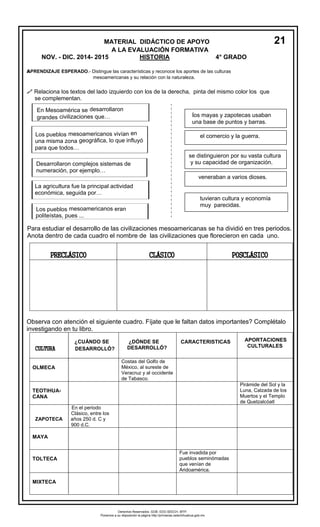 MATERIAL DIDÁCTICO DE APOYO 21 
A LA EVALUACIÓN FORMATIVA 
NOV. - DIC. 2014- 2015 HISTORIA 4° GRADO 
APRENDIZAJE ESPERADO.- Distingue las características y reconoce los aportes de las culturas 
mesoamericanas y su relación con la naturaleza. 
 Relaciona los textos del lado izquierdo con los de la derecha, pinta del mismo color los que 
se complementan. 
Para estudiar el desarrollo de las civilizaciones mesoamericanas se ha dividió en tres periodos. 
Anota dentro de cada cuadro el nombre de las civilizaciones que florecieron en cada uno. 
PRECLÁSICO 
CLÁSICO 
POSCLÁSICO 
Observa con atención el siguiente cuadro. Fíjate que le faltan datos importantes? Complétalo investigando en tu libro. 
¿CUÁNDO SE 
CULTURA DESARROLLÓ? 
¿DÓNDE SE 
DESARROLLÓ? 
CARACTERISTICAS 
APORTACIONES CULTURALES 
OLMECA 
Costas del Golfo de México, al sureste de Veracruz y al occidente de Tabasco. 
TEOTIHUA- 
CANA 
Pirámide del Sol y la Luna, Calzada de los Muertos y el Templo de Quetzalcóatl 
En el periodo 
Clásico, entre los 
ZAPOTECA años 250 d. C y 
900 d.C. 
MAYA 
TOLTECA 
Fue invadida por pueblos seminómadas que venían de Aridoamérica. 
MIXTECA 
En Mesoamérica se desarrollaron grandes civilizaciones que… 
Los pueblos mesoamericanos vivían en una misma zona geográfica, lo que influyó para que todos… 
La agricultura fue la principal actividad económica, seguida por… 
Desarrollaron complejos sistemas de numeración, por ejemplo… 
los mayas y zapotecas usaban 
una base de puntos y barras. 
el comercio y la guerra. 
se distinguieron por su vasta cultura 
y su capacidad de organización. política y 
económica. 
veneraban a varios dioses. 
tuvieran cultura y economía 
muy parecidas. 
Derechos Reservados. GOB. EDO.SEECH. MTP. Ponemos a su disposición la página http://primarias.cetechihuahua.gob.mx 
Los pueblos mesoamericanos eran 
politeístas, pues ...  