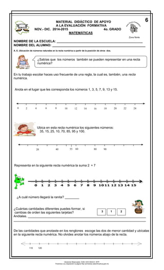 NOMBRE DE LA ESCUELA: ________________________________________________ 
NOMBRE DEL ALUMNO: ________________________________________________ 
A. E. Ubicación de números naturales en la recta numérica a partir de la posición de otros dos. 
En tu trabajo escolar haces uso frecuente de una regla, la cual es, también, una recta 
numérica. 
Anota en el lugar que les corresponda los números 1, 3, 5, 7, 9, 13 y 15. 
Ubica en esta recta numérica los siguientes números: 
35, 15, 25, 10, 70, 85, 95 y 100. 
Representa en la siguiente recta numérica la suma 2 + 7 
¿A cuál número llegará la ranita? ________ 
¿Cuántas cantidades diferentes puedes formar, si 
cambias de orden las siguientes tarjetas? 
Anótalas. __________________________________________________________________ 
__________________________________________________________________________ 
De las cantidades que anotaste en los renglones escoge las dos de menor cantidad y ubícalas 
en la siguiente recta numérica. No olvides anotar los números abajo de la recta. 
¿Sabías que los números también se pueden representar en una recta 
numérica? 
40 55 60 80 90 
3 1 2 
110 120 
MATERIAL DIDÁCTICO DE APOYO 
A LA EVALUACIÓN FORMATIVA 
NOV.- DIC. 2014-2015 4o. GRADO 
MATEMÁTICAS 
ESPAÑOL 
6 
1 
Zona Norte 
Derechos Reservados. GOB. EDO.SEECH. MTP. 
Ponemos a su disposición la página http://primarias.cetechihuahua.gob.mx 
20 
| 
0 2 4 6 8 10 12 14 16 18 20 22 24 
 