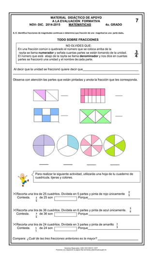 A. E. Identifica fracciones de magnitudes continuas o determina que fracción de una magnitud es una parte dada. 
TODO SOBRE FRACCIONES 
Al decir que la unidad se fraccionó quiere decir que_________________________________ 
___________________________________________________________________________ 
Observa con atención las partes que están pintadas y anota la fracción que les corresponda. 
________________________ 
Recorta una tira de 25 cuadritos. Divídela en 5 partes y pinta de rojo únicamente 
Contesta. de 25 son Porque_______________________________ 
Recorta una tira de 36 cuadritos. Divídela en 6 partes y pinta de azul únicamente. 
Contesta. de 36 son Porque ______________________________ 
Recorta una tira de 24 cuadritos. Divídela en 3 partes y pinta de amarillo 
Contesta. de 24 son Porque_______________________________ 
Compara: ¿Cuál de las tres fracciones anteriores es la mayor? ________________________ 
Para realizar la siguiente actividad, utilizarás una hoja de tu cuaderno de cuadricula, tijeras y colores. 
NO OLVIDES QUE: 
En una fracción común o quebrado el número que se coloca arriba de la 
rayita se llama numerador y señala cuantas partes se están tomando de la unidad. El número que está abajo de la rayita se llam a denominador y nos dice en cuantas partes se fraccionó una unidad y el nombre de cada parte. 
¾ 
ퟐ ퟓ 
ퟐ ퟓ 
ퟑ ퟔ 
ퟑ ퟔ 
ퟏ 
ퟏ ퟑ 
MATERIAL DIDÁCTICO DE APOYO 
A LA EVALUACIÓN FORMATIVA 
NOV- DIC. 2014-2015 MATEMÁTICAS 4o. GRADO 
ESPAÑOL 
7 
Derechos Reservados. GOB. EDO.SEECH. MTP. Ponemos a su disposición la página http://primarias.cetechihuahua.gob.mx 
3 
 