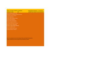 GROUP:	
  1UM	
  PRE-­‐ELEMENTARY
                               CLASSROOM                                          PROFESSOR	
  NAME:
                                                                                                SCHEDULE:	
  	
  7:10	
  TO	
  8:50
STUDENTS´	
  NAME              E27                                                              MONDAY	
  AND	
  WEDNESDAY
                                                                                  JASMINE MARTINEZ MARTINEZ
BAUTISTA GARCIA ADOLFO IVAN
CARAVANTES CASTAÑEDA EDUARDO DE JESUS
CORONADO CASTILLO PABLO
GARCIA GOMEZ RAUL
GOMEZ GOMEZ ARMANDO DANIEL
GONZALEZ RUIZ NEREIDA
MERINO MATEO EDER MIGUEL
OGARRIO GONZALEZ DENYSS
QUINTANAR PEREZ NOEL YEOVANI
RAMIREZ OLIVAS JOSE MANUEL
ROBLES CRUZ ERIKA ARACELI
SANTIAGO MUÑOZ YETZEL
VARGAS VASQUEZ RAFEL NAYIF
VENEGAS SANCHEZ TERESITA




NOTA	
  LOS	
  ALUMNOS	
  QUE	
  NO	
  HAYAN	
  LIBERADO	
  INGLES	
  NO	
  PODRAN	
  REINSCRIBIRSE
AUNQUE	
  APAREZCAN	
  EN	
  LISTAS,	
  CHECAR	
  STATUS	
  EN	
  CONTROL	
  ESCOLAR
 