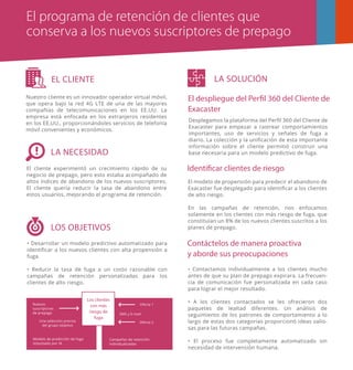 Nuestro cliente es un innovador operador virtual móvil,
que opera bajo la red 4G LTE de una de las mayores
compañías de telecomunicaciones en los EE.UU. La
empresa está enfocada en los extranjeros residentes
en los EE.UU., proporcionándoles servicios de telefonía
móvil convenientes y económicos.
El cliente experimentó un crecimiento rápido de su
negocio de prepago, pero esto estaba acompañado de
altos índices de abandono de los nuevos suscriptores.
El cliente quería reducir la tasa de abandono entre
estos usuarios, mejorando el programa de retención.
LA NECESIDAD
• Desarrollar un modelo predictivo automatizado para
identiﬁcar a los nuevos clientes con alta propensión a
fuga.
• Reducir la tasa de fuga a un costo razonable con
campañas de retención personalizadas para los
clientes de alto riesgo.
LOS OBJETIVOS
Identificar clientes de riesgo
Contáctelos de manera proactiva
y aborde sus preocupaciones
• Contactamos individualmente a los clientes mucho
antes de que su plan de prepago expirara. La frecuen-
cia de comunicación fue personalizada en cada caso
para lograr el mejor resultado.
• A los clientes contactados se les ofrecieron dos
paquetes de lealtad diferentes. Un análisis de
seguimiento de los patrones de comportamiento a lo
largo de estas dos categorías proporcionó ideas valio-
sas para las futuras campañas.
• El proceso fue completamente automatizado sin
necesidad de intervensión humana.
El modelo de propensión para predecir el abandono de
Exacaster fue desplegado para identiﬁcar a los clientes
de alto riesgo.
En las campañas de retención, nos enfocamos
solamente en los clientes con más riesgo de fuga, que
constituían un 8% de los nuevos clientes suscritos a los
planes de prepago.
El despliegue del Perfil 360 del Cliente de
Exacaster
Desplegamos la plataforma del Perﬁl 360 del Cliente de
Exacaster para empezar a rastrear comportamientos
importantes, uso de servicios y señales de fuga a
diario. La colección y la uniﬁcación de esta importante
información sobre el cliente permitió construir una
base necesaria para un modelo predictivo de fuga.
LA SOLUCIÓNEL CLIENTE
Nuevos
suscriptores
de prepago
Oferta 1
Oferta 2
SMS y E-mail
Una selección precisa
del grupo objetivo
Modelo de predicción de fuga
impulsado por IA
Campañas de retención
individualizadas
Los clientes
con más
riesgo de
fuga
El programa de retención de clientes que
conserva a los nuevos suscriptores de prepago
 
