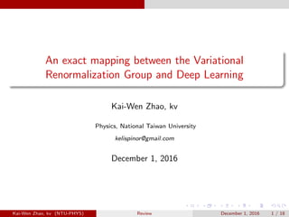 An exact mapping between the Variational
Renormalization Group and Deep Learning
Kai-Wen Zhao, kv
Physics, National Taiwan University
kelispinor@gmail.com
December 1, 2016
Kai-Wen Zhao, kv (NTU-PHYS) Review December 1, 2016 1 / 18
 