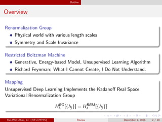 Outline
Overview
Renormalization Group
Physical world with various length scales
Symmetry and Scale Invariance
Restricted Boltzman Machine
Generative, Energy-based Model, Unsupervised Learning Algorithm
Richard Feynman: What I Cannot Create, I Do Not Understand.
Mapping
Unsupervised Deep Learning Implements the Kadanoﬀ Real Space
Variational Renormalization Group
HRG
λ [{hj }] = HRBM
λ [{hj }]
Kai-Wen Zhao, kv (NTU-PHYS) Review December 1, 2016 2 / 18
 