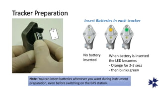 Insert Batteries in each tracker
Note: You can insert batteries whenever you want during instrument
preparation, even before switching on the GPS station.
No battery
inserted
When battery is inserted
the LED becomes
- Orange for 2-3 secs
- then blinks green
Tracker Preparation
 