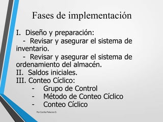 Fases de implementación
I. Diseño y preparación:
- Revisar y asegurar el sistema de
inventario.
- Revisar y asegurar el sistema de
ordenamiento del almacén.
II. Saldos iniciales.
III. Conteo Cíclico:
- Grupo de Control
- Método de Conteo Cíclico
- Conteo Cíclico
Por Cecilia Palacios D.
 