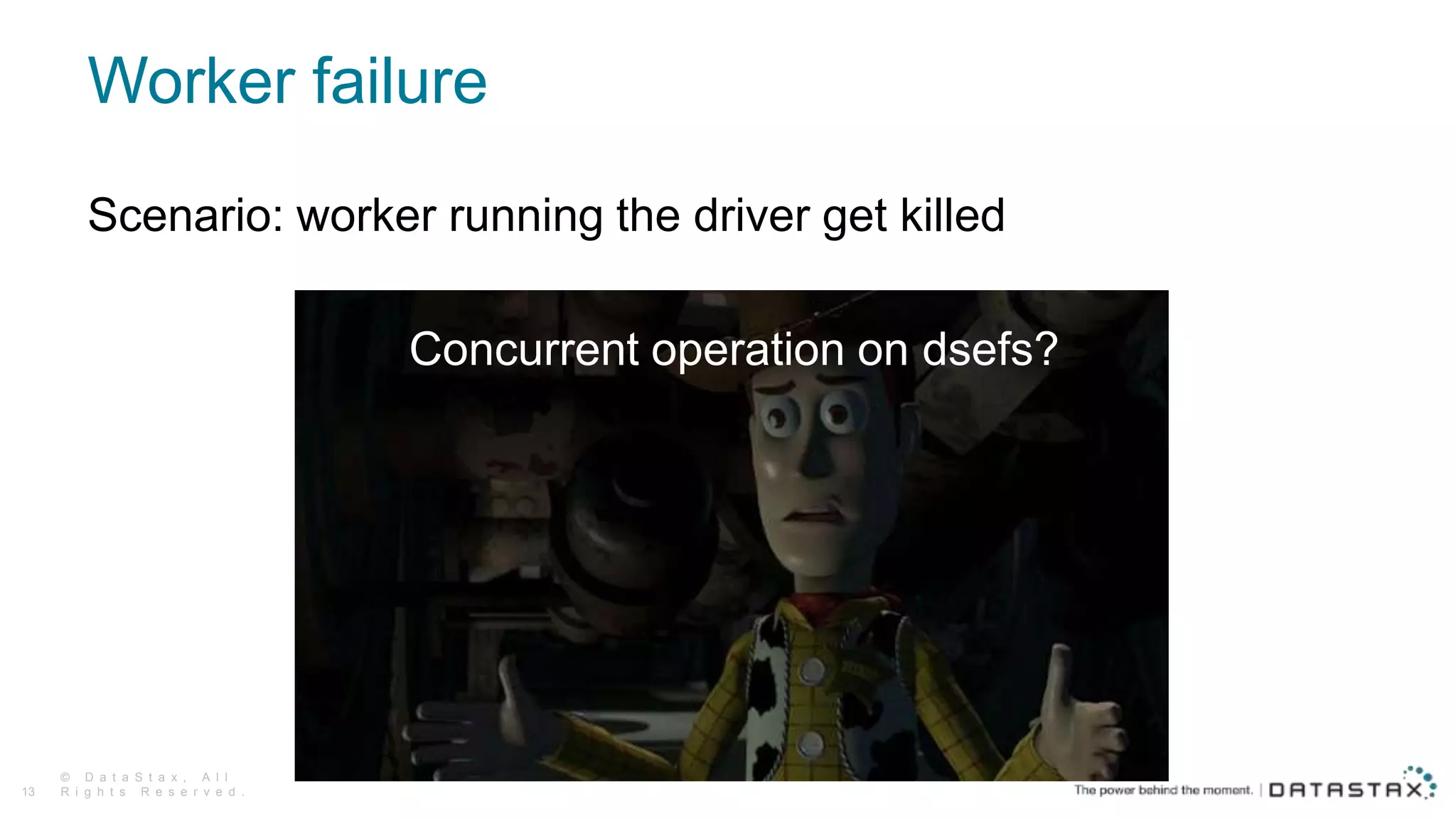 Worker failure
© D a t a S t a x , A l l
R i g h t s R e s e r v e d .13
Scenario: worker running the driver get killed
Concurrent operation on dsefs?
 