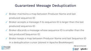 Guaranteed Message Deduplication
✓ Broker maintains a map between Producer Name and last
produced sequence ID
✓ Broker accepts a message if its sequence ID is larger than the last
produced sequence ID
✓ Broker discards a message whose sequence ID is smaller than the
last produced Sequence ID
✓ Broker keeps a map between Producer Name and last Sequence ID
in a deduplication cursor (stored in Apache BookKeeper)
 