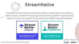 Pulsar Virtual Summit North America 2021
StreamNative
Founded by the creators of Apache Pulsar, StreamNative provides a
cloud-native, unified messaging and streaming platform powered by
Apache Pulsar to support multi-cloud and hybrid-cloud strategies
 