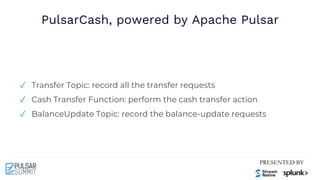 PulsarCash, powered by Apache Pulsar
✓ Transfer Topic: record all the transfer requests
✓ Cash Transfer Function: perform the cash transfer action
✓ BalanceUpdate Topic: record the balance-update requests
 