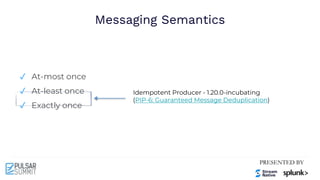 Messaging Semantics
✓ At-most once
✓ At-least once
✓ Exactly once
Idempotent Producer - 1.20.0-incubating
(PIP-6: Guaranteed Message Deduplication)
 