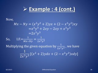  Example : 4 (cont.)
Therefore , General Solution is
𝑦𝑐𝑜𝑛𝑠𝑡𝑎𝑛𝑡
𝑀𝑑𝑥 +
(𝑇𝑒𝑟𝑚𝑠 𝑖𝑛 𝑁 𝑤ℎ𝑖𝑐ℎ 𝑎𝑟𝑒
𝑖𝑛𝑑𝑒𝑝𝑒𝑛𝑑𝑒𝑛𝑡 𝑜𝑓 𝑥)
𝑑𝑦 = 𝑐
⇒
𝑦 𝑐...