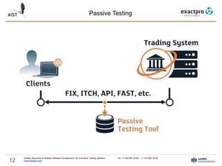 12
Passive Testing
Quality Assurance & Related Software Development for Innovative Trading Systems Tel: +7 495 640 24 60 , +1 415 830 38 49
www.exactpro.com
 