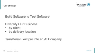 44 Build Software to Test Software
exactpro.com
Our Strategy
Build Software to Test Software
Diversify Our Business
• by client
• by delivery location
Transform Exactpro into an AI Company
 