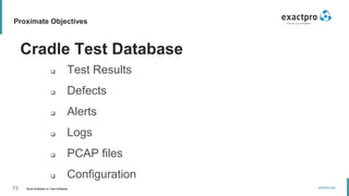 73 Build Software to Test Software
exactpro.com
Proximate Objectives
Cradle Test Database
 Test Results
 Defects
 Alerts
 Logs
 PCAP files
 Configuration
 