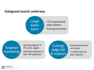 Cologuard launch underway 
22 
Large 
sales 
team 
• 120 experienced 
sales leaders 
• Training complete 
Cutting-edge 
lab 
& support 
Targeted 
marketing 
• Strong program of 
PR, print, digital 
• Motivate patients to 
talk with physician 
• Successful end-to-end 
study 
• 1 million test per 
year capacity 
 