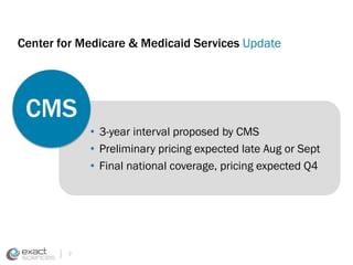 Center for Medicare & Medicaid Services Update 
7 
• 3-year interval proposed by CMS 
• Preliminary pricing expected late Aug or Sept 
• Final national coverage, pricing expected Q4 
CMS 
 