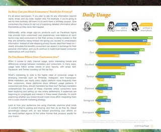 So How Can you Meet Consumers’ Needs for Privacy?
It’s all about permission. If you plan to ask for any information beyond      Daily Usage
name, email, and zip code, explain why. For example, if you’re going to
ask for their birthday, tell them it’s to send them a birthday coupon. Give
consumers the chance to opt out of supplying detailed information about                      Marketers                       Consumers                          Consumers
themselves so they never feel trapped.                                                                                           with a                          without a
                                                                                                                            smartphone                         smartphone
Additionally, while single sign-on products such as Facebook logins
may provide more customized user experiences, over-reliance on such
tactics may lead consumers to feel their privacy is being invaded or that                                                                                                 99%
they are somehow being tricked into giving you access to unnecessary                 Email                                                                        85%
information. Instead of side-stepping privacy issues, take them head-on—                                                                                             89%
clearly articulate the benefits consumers can expect in exchange for their
personal information, and you’ll continue to build trust-based consumer                                                                                       84%
relationships with your brand.                                                         Text                                                            74%
                                                                                                                           38%
Do You Know Where Your Customers Are?
When it comes to daily channel usage, some interesting trends and                                                                                         78%
differences emerge between marketers and consumers. In many ways,                Facebook                                                        66%
usage rates follow similar trends of prior reports, with email, text,                                                               50%
Facebook, and Twitter rounding out the top four.

                                                                                                                                   48%
What’s interesting to note is the higher rates of consumer usage in
emerging channels such as Pinterest, Instagram, and Foursquare.
                                                                                   Twitter                            31%
While marketers use nearly every digital platform more frequently than                                10%
their consumers, these platforms show different usage patterns. If
consumers are there, should marketers be there too? Perhaps marketers                                      17%
underestimate the power of these channels where consumers have                   Pinterest                       25%
been exploring and setting up new online settlements. If audiences are                                8%
beginning to congregate and interact in these newer channels, it’s worth
examining whether your brand should invest more effort integrating them                                    16%
into a cross-channel marketing strategy.                                       Instagram                      22%
                                                                                                    4%
Look at how your audiences are using channels, examine what kinds
of content they’re posting and sharing, and then do as they do. Adjust
                                                                                                      11%
accordingly—always with an eye toward prioritizing your efforts on
the newly-settled regions of the online frontier that produce results for     Foursquare                     20%
your brand.                                                                                         4%

                                                                              Source: ExactTarget ® 2013 Marketers from Mars, September 2012 • Consumers with a Smartphone = 675,
                                                                              Consumers without a Smartphone =526, Marketers = 411 US Online Population, age 18 and older

                                                                                                                                                       © 2013 ExactTarget     13
 