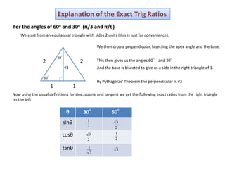 Explanation of the Exact Trig Ratios
For the angles of 60o and 30o (π/3 and π/6)
    We start from an equilateral triangle with sides 2 units (this is just for convenience).

                                                  We then drop a perpendicular, bisecting the apex angle and the base.

                         30°
                 2                      2         This then gives us the angles 60° and 30°
                             √3                   And the base is bisected to give us a side in the right triangle of 1.

                 60°
                                                  By Pythagoras’ Theorem the perpendicular is √3
                     1              1
Now using the usual definitions for sine, cosine and tangent we get the following exact ratios from the right triangle
on the left.

                               θ            30°           60°
                                             1
                             sinθ                            3
                                             2              2

                            cosθ              3              1
                                             2               2

                            tanθ             1
                                                             3
                                              3
 