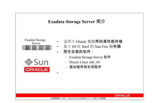 Exadata Storage Server 简介


Exadata Storage
    Server            •   适用于 Oracle 数据库的高性能存储
                      •   基于 64 位 Intel 的 Sun Fire 服务器
                      •   预先安装的软件：
                           – Exadata Storage Server 软件
                           – Oracle Linux x86_64
                           – 驱动程序和实用程序
                      •




                   版权所有 © 2012，Oracle 和/或其附属公司。保留所有权利。
 