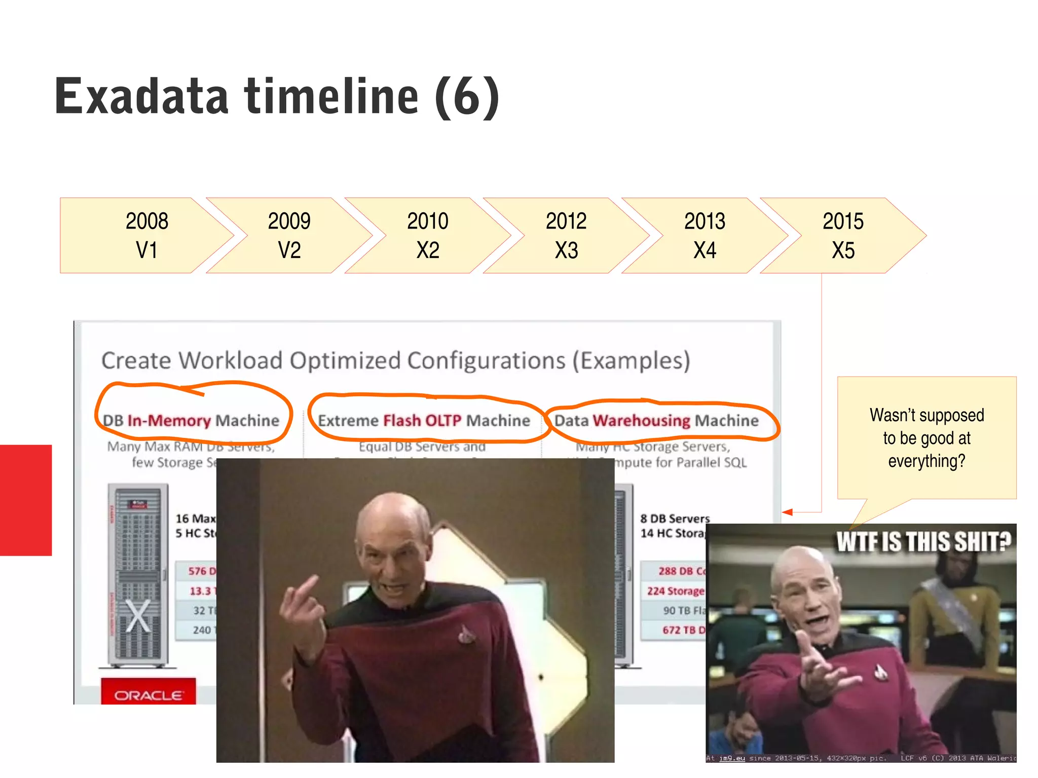 2013
X4
2015
X5
2008
V1
2009
V2
2010
X2
2012
X3
Exadata timeline (6)
Wasn’t supposed
to be good at
everything?
 
