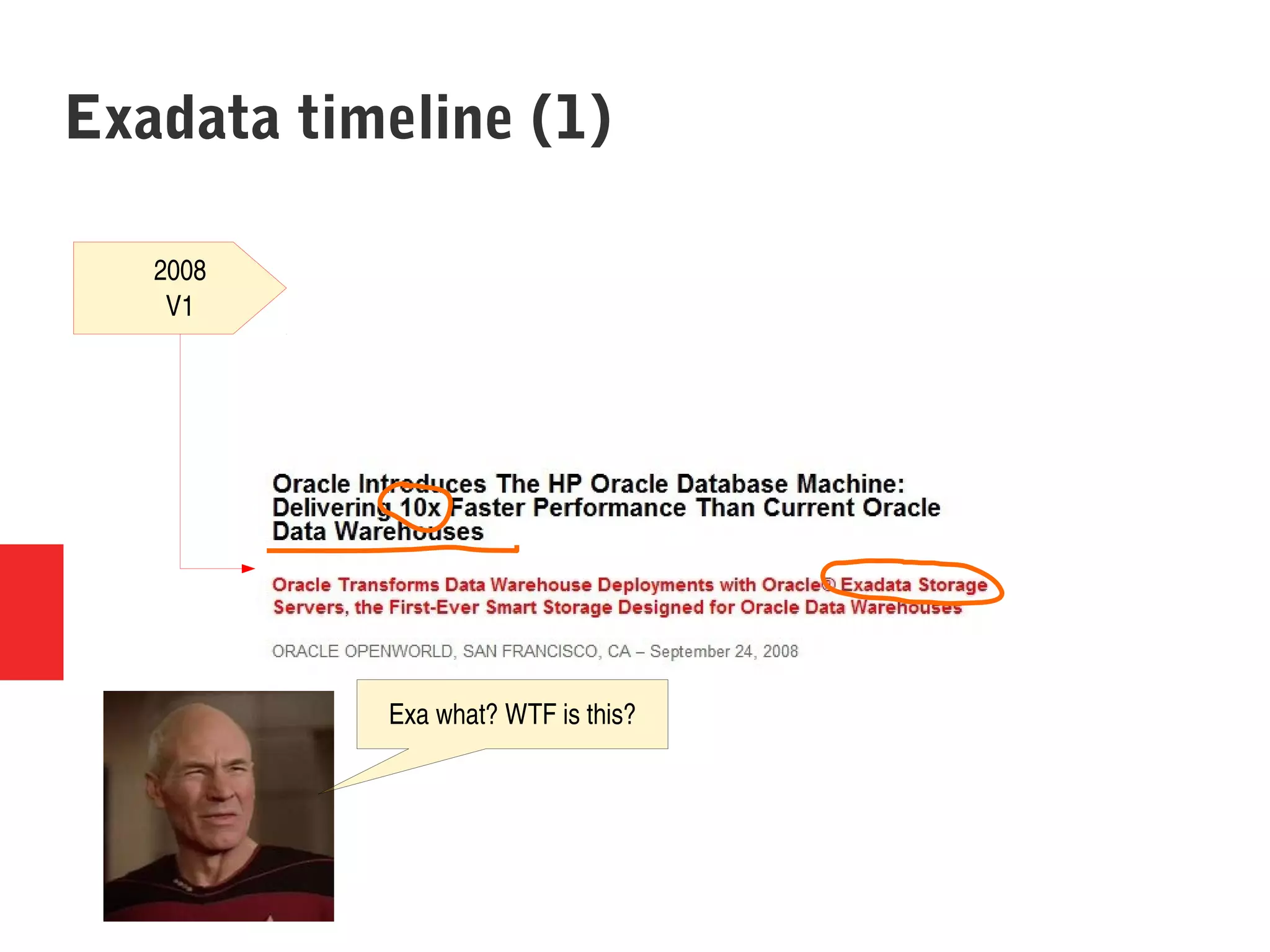 Exadata timeline (1)
2008
V1
Exa what? WTF is this?
 