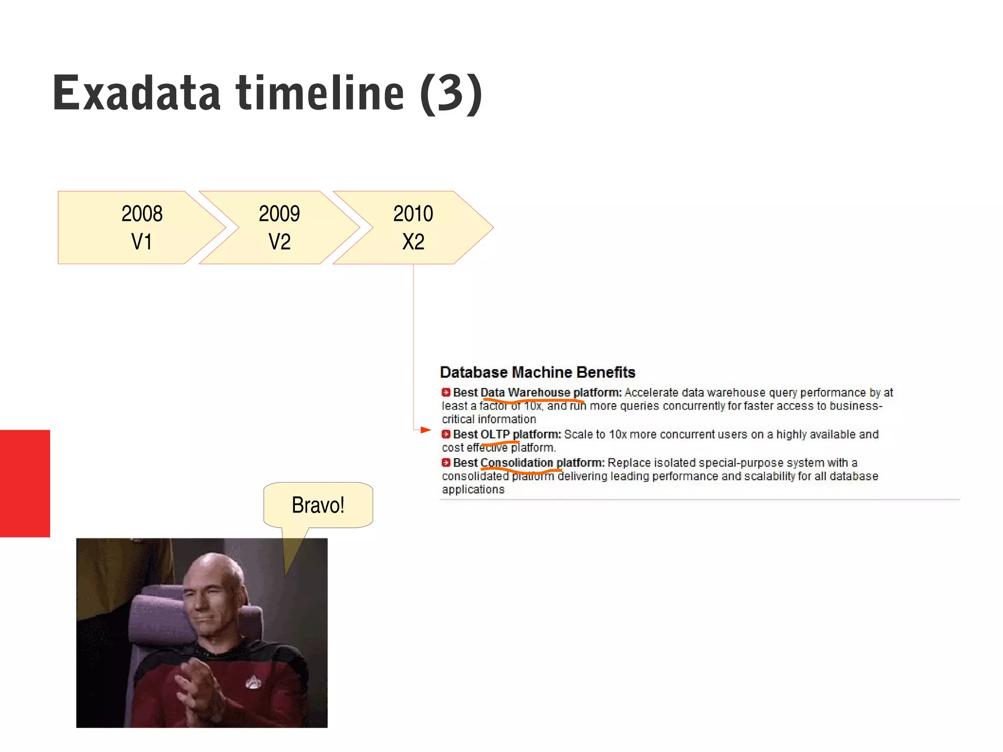 2008
V1
2009
V2
2010
X2
Exadata timeline (3)
Bravo!
 