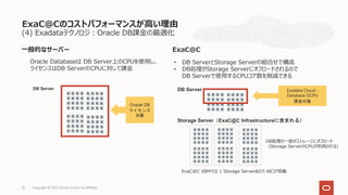 (4) Exadataテクノロジ︓Oracle DB課⾦の最適化
ExaC@Cのコストパフォーマンスが⾼い理由
Copyright © 2021, Oracle and/or its affiliates
22
Storage Server（ExaC@C Infrastructureに含まれる）
Oracle Databaseは DB Server上のCPUを使⽤し、
ライセンスはDB ServerのCPUに対して課⾦
DB Server
DB Server
DB処理の⼀部がストレージにオフロード
（Storage ServerのCPUが利⽤される）
• DB ServerとStorage Serverの組合せで構成
• DB処理がStorage Serverにオフロードされるので
DB Serverで使⽤するCPUコア数を削減できる
Exadata Cloud -
Database OCPU
課金対象
Oracle DB
ライセンス
対象
ExaC@C X8Mでは 1 Storage Serverあたり 48コア搭載
⼀般的なサーバー ExaC@C
 