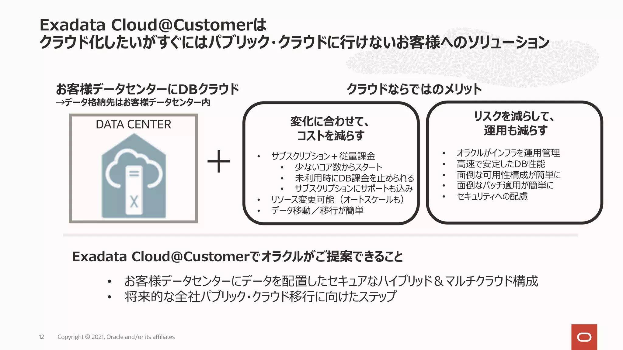 Exadata Cloud@Customerは
クラウド化したいがすぐにはパブリック・クラウドに⾏けないお客様へのソリューション
12
DATA CENTER
＋
お客様データセンターにDBクラウド
→データ格納先はお客様データセンター内
クラウドならではのメリット
• お客様データセンターにデータを配置したセキュアなハイブリッド＆マルチクラウド構成
• 将来的な全社パブリック・クラウド移⾏に向けたステップ
Exadata Cloud@Customerでオラクルがご提案できること
変化に合わせて、
コストを減らす
• サブスクリプション＋従量課⾦
• 少ないコア数からスタート
• 未利⽤時にDB課⾦を⽌められる
• サブスクリプションにサポートも込み
• リソース変更可能（オートスケールも）
• データ移動／移⾏が簡単
リスクを減らして、
運⽤も減らす
• オラクルがインフラを運⽤管理
• ⾼速で安定したDB性能
• ⾯倒な可⽤性構成が簡単に
• ⾯倒なパッチ適⽤が簡単に
• セキュリティへの配慮
Copyright © 2021, Oracle and/or its affiliates
 