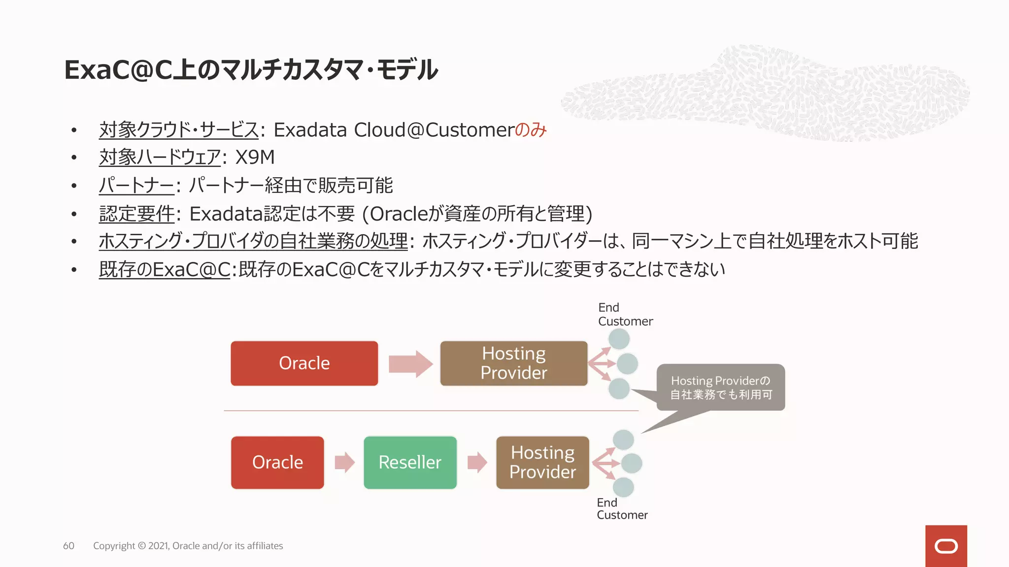 • 対象クラウド・サービス: Exadata Cloud@Customerのみ
• 対象ハードウェア: X9M
• パートナー: パートナー経由で販売可能
• 認定要件: Exadata認定は不要 (Oracleが資産の所有と管理)
• ホスティング・プロバイダの⾃社業務の処理: ホスティング・プロバイダーは、同⼀マシン上で⾃社処理をホスト可能
• 既存のExaC@C:既存のExaC@Cをマルチカスタマ・モデルに変更することはできない
ExaC@C上のマルチカスタマ・モデル
Copyright © 2021, Oracle and/or its affiliates
60
 
