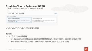 （参考）VMクラスタでのライセンス・タイプの変更
オンラインでのライセンス・タイプの変更が可能
利⽤例
• オンプレミスからの移⾏時
• オンプレミスからの移⾏時における並⾏稼動期間の特例により、移⾏中の最⻑100⽇間をBYOLで利⽤
• 移⾏期間が100⽇を超えた場合、ライセンス・タイプをBYOLからライセンス込みに変更
Exadata Cloud - Database OCPU
Copyright © 2021, Oracle and/or its affiliates
21
 
